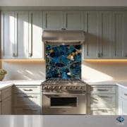 Midnight Marble Backsplash – Deep Blue & Gold Abstract Glass Panel for Modern Kitchens by UVionArt