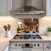 Miniature Kitchen Scene Glass Wall Art – Cozy Vintage Style | UV Printed Tempered Glass Backsplash for Kitchen Decor