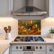 Tiny Chefs Kitchen Glass Backsplash – Whimsical Cooking Scene on Tempered Glass | Pastel Art UV Printed Panel by UVionArt