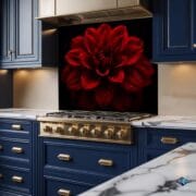 Red Dahlia Flower Glass Backsplash | UV Printed Kitchen Panel | Black Background | Heat Resistant Tempered Glass backsplash | Easy to Clean - Image 2