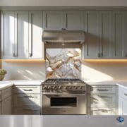 White & Gold Glass Kitchen Backsplash | 3D Crystal Effect | UV Printed Tempered Glass | Heat Resistant Splashback | Luxury Wall Art - Image 3