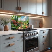 Whimsical Vegetable Garden Backsplash | Kids Walking in Giant Veggie Field | UV Printed Glass Kitchen Wall Art Panel - Image 5