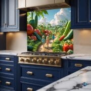 Whimsical Vegetable Garden Backsplash | Kids Walking in Giant Veggie Field | UV Printed Glass Kitchen Wall Art Panel - Image 3