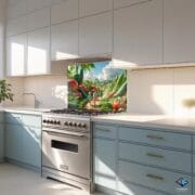 Whimsical Vegetable Garden Backsplash | Kids Walking in Giant Veggie Field | UV Printed Glass Kitchen Wall Art Panel - Image 7