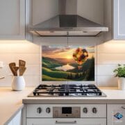 Fruit Balloon Glass Backsplash | Colorful UV Printed Kitchen Panel | Whimsical Nature Scene with Sunset & Fruit Hot Air Balloon by UVionArt