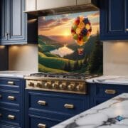 Fruit Balloon Glass Backsplash | Colorful UV Printed Kitchen Panel | Whimsical Nature Scene with Sunset & Fruit Hot Air Balloon by UVionArt - Image 3