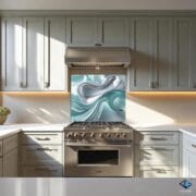 Abstract Glass Kitchen Backsplash | Metallic Aqua Wave Design | Modern UV Printed Tempered Glass Panel | Elegant Backsplash by UVionArt - Image 8