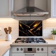 Modern Black and Gold Abstract Glass Backsplash | Luxury Kitchen UV Print Panel | Elegant Wave Design Splashback by UVionArt