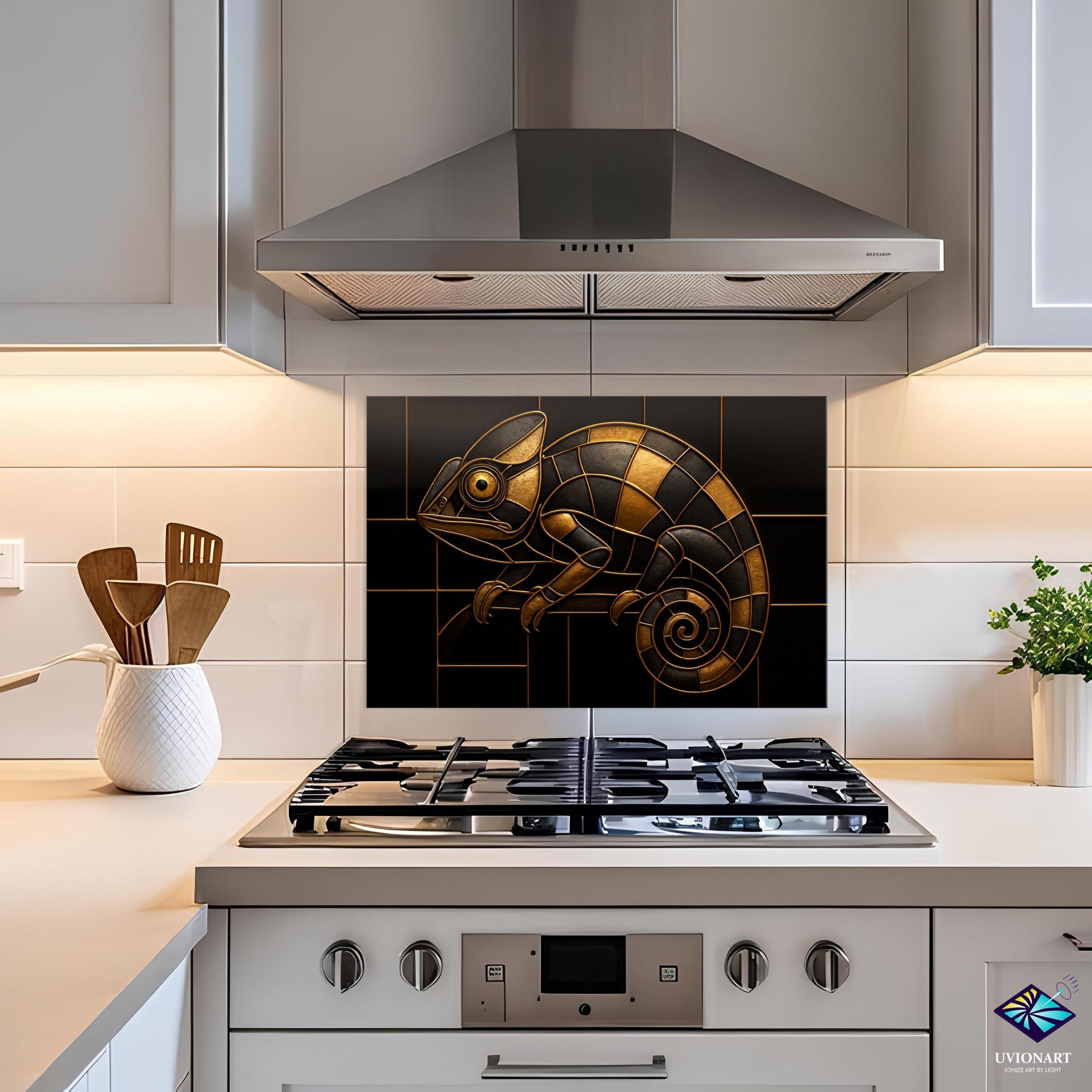 il_fullxfull.7025036038_gd2j.jpg Tempered Glass Kitchen Backsplash – Gold & Black Geometric Chameleon Art – Modern UV Printed Wall Panel – Heat Resistant Stove Decor - Image 1