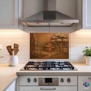 Bronze Cottage Landscape Glass Backsplash – Rustic Countryside UV Printed Panel – Tempered Glass Stove Wall Art