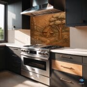 Bronze Cottage Landscape Glass Backsplash – Rustic Countryside UV Printed Panel – Tempered Glass Stove Wall Art - Image 4