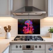 Neon Mushroom Backsplash Panel – Psychedelic UV Printed Tempered Glass Art for Modern Kitchens - Elegant Kitchen Backsplash by UVionArt
