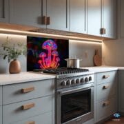 Neon Mushroom Backsplash Panel – Psychedelic UV Printed Tempered Glass Art for Modern Kitchens - Elegant Kitchen Backsplash by UVionArt - Image 5