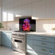 Neon Mushroom Backsplash Panel – Psychedelic UV Printed Tempered Glass Art for Modern Kitchens - Elegant Kitchen Backsplash by UVionArt - Image 7