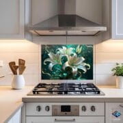 White Lily Glass Kitchen Backsplash – UV Printed Floral Wall Panel for Modern Decor - Elegant Tempered Glass Backsplash by UVionArt