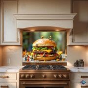 Funny Burger Kitchen Backsplash – UV Printed Tempered Glass Panel with Mini Worker Design – Quirky Food Art Wall Decor - Image 9