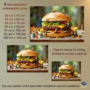 Funny Burger Kitchen Backsplash – UV Printed Tempered Glass Panel with Mini Worker Design – Quirky Food Art Wall Decor - Image 2