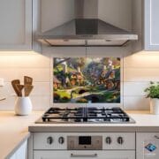 Fantasy Hobbit Village Glass Backsplash – Kitchen Wall Art Panel – Heat Resistant Decorative Glass – Fairy Tale Cottage Decor