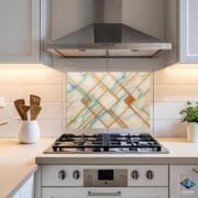 Pastel Marble Glass Backsplash | UV Printed Geometric Tempered Panel | Gold Line Kitchen Wall Art | Heat Resistant Modern Decor