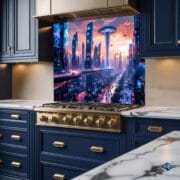 Futuristic City Glass Backsplash | UV Printed Tempered Panel for Kitchen | Sci-Fi Wall Art | Cyberpunk Heat Resistant Decor - Image 3
