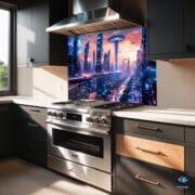 Futuristic City Glass Backsplash | UV Printed Tempered Panel for Kitchen | Sci-Fi Wall Art | Cyberpunk Heat Resistant Decor - Image 4