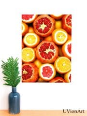 Citrus and Pomegranate Wall Art – Vibrant Fruit Kitchen Decor, Fresh Juicy Orange & Ruby Red Poster, UVionArt Print