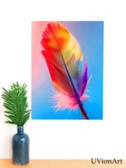 Rainbow Feather Wall Art – Vibrant Colorful Print on Sky Gradient Background, Modern Nature Decor by UVionArt