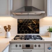 Bee & Honeycomb Glass Backsplash | UV Printed Kitchen Panel | Black Gold Tempered Glass | Heat Resistant, Easy Clean Splashback