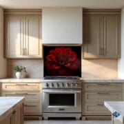 Red Dahlia Flower Glass Backsplash | UV Printed Kitchen Panel | Black Background | Heat Resistant Tempered Glass backsplash | Easy to Clean - Image 3