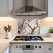 White Marble Glass Kitchen Backsplash | Gold Vein Design | Heat-Resistant UV Printed Panel | Modern Tempered Glass Splashback