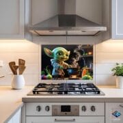 Cute Alien Kitchen Backsplash | UV Glass Stove Splash Guard | Whimsical Cooking Decor | Playful Space Chef Wall Art Panel