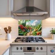 Whimsical Vegetable Garden Backsplash | Kids Walking in Giant Veggie Field | UV Printed Glass Kitchen Wall Art Panel