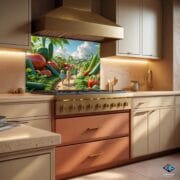 Whimsical Vegetable Garden Backsplash | Kids Walking in Giant Veggie Field | UV Printed Glass Kitchen Wall Art Panel - Image 6