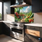 Whimsical Vegetable Garden Backsplash | Kids Walking in Giant Veggie Field | UV Printed Glass Kitchen Wall Art Panel - Image 4