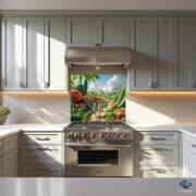 Whimsical Vegetable Garden Backsplash | Kids Walking in Giant Veggie Field | UV Printed Glass Kitchen Wall Art Panel - Image 8