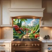 Whimsical Vegetable Garden Backsplash | Kids Walking in Giant Veggie Field | UV Printed Glass Kitchen Wall Art Panel - Image 9