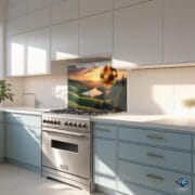 Fruit Balloon Glass Backsplash | Colorful UV Printed Kitchen Panel | Whimsical Nature Scene with Sunset & Fruit Hot Air Balloon by UVionArt - Image 7
