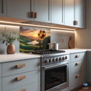 Fruit Balloon Glass Backsplash | Colorful UV Printed Kitchen Panel | Whimsical Nature Scene with Sunset & Fruit Hot Air Balloon by UVionArt - Image 5