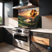 Fruit Balloon Glass Backsplash | Colorful UV Printed Kitchen Panel | Whimsical Nature Scene with Sunset & Fruit Hot Air Balloon by UVionArt - Image 4