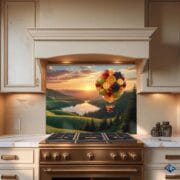 Fruit Balloon Glass Backsplash | Colorful UV Printed Kitchen Panel | Whimsical Nature Scene with Sunset & Fruit Hot Air Balloon by UVionArt - Image 9