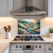 Mosaic Landscape Glass Backsplash | River and Hills Art Panel | Tempered UV Printed Kitchen Panel | Elegant Backsplash by UVionArt