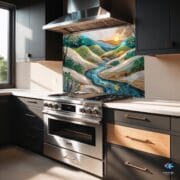 Mosaic Landscape Glass Backsplash | River and Hills Art Panel | Tempered UV Printed Kitchen Panel | Elegant Backsplash by UVionArt - Image 4