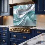 Abstract Glass Kitchen Backsplash | Metallic Aqua Wave Design | Modern UV Printed Tempered Glass Panel | Elegant Backsplash by UVionArt - Image 3