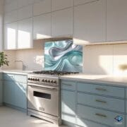 Abstract Glass Kitchen Backsplash | Metallic Aqua Wave Design | Modern UV Printed Tempered Glass Panel | Elegant Backsplash by UVionArt - Image 7