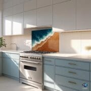Aerial Ocean Shore Glass Backsplash | Coastal Beach UV Printed Kitchen Panel | Blue Waves & Sand Design | Oceanic Landscape With Waves - Image 6
