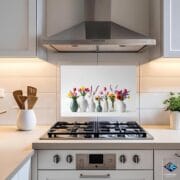 Elegant Vase Bouquet Kitchen Backsplash | Floral Tempered Glass Panel | Modern UV Printed Wall Decor | Unique Backsplash by UVionArt