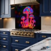 Neon Mushroom Backsplash Panel – Psychedelic UV Printed Tempered Glass Art for Modern Kitchens - Elegant Kitchen Backsplash by UVionArt - Image 3