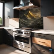 Golden Mountain Peaks UV Printed Tempered Glass Backsplash – Dramatic Winter Landscape Kitchen Art - Image 4