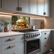 Funny Burger Kitchen Backsplash – UV Printed Tempered Glass Panel with Mini Worker Design – Quirky Food Art Wall Decor - Image 5
