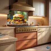 Funny Burger Kitchen Backsplash – UV Printed Tempered Glass Panel with Mini Worker Design – Quirky Food Art Wall Decor - Image 6